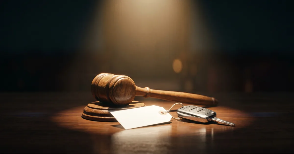 Auction gavel next to a car key with a blank lot tag under a spotlight, symbolizing winning a car auction