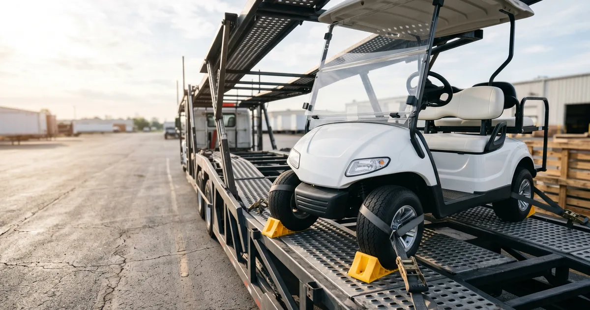 White four-passenger golf cart loaded on an open multi-vehicle auto transport trailer ready for long-distance shipping