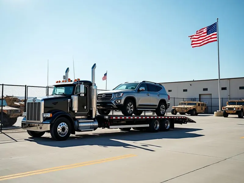 Open car carrier trailer in front of military base with military vehicles
